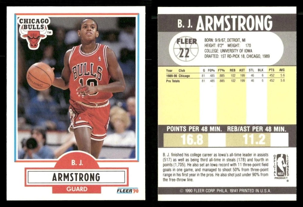 B.J. Armstrong Rookie 1990-91 Fleer #22 RC Chicago Bulls NBA Basketball Card