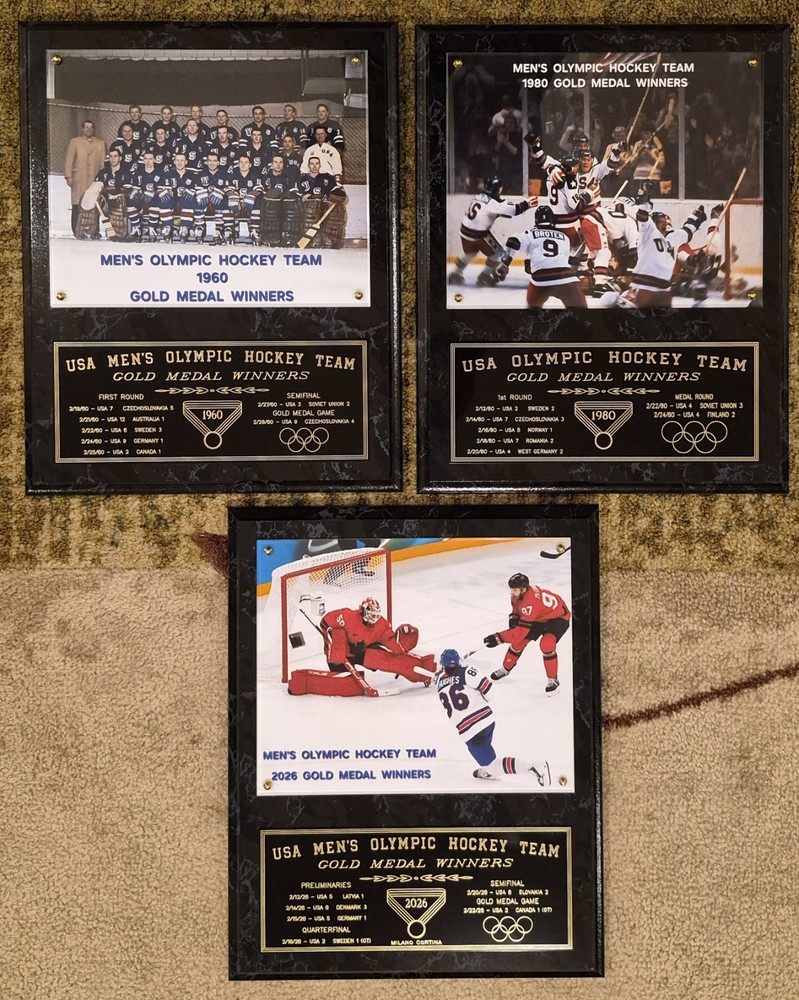 1960, 1980, 2026 US MENS HOCKEY TEAM OLYMPIC CHAMPIONS 12X15 PLAQUE Jack Hughes