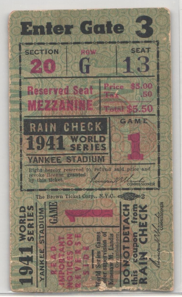 1941 World Series Game 1 Ticket Phil Rizzuto WS Debut