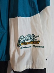 Vintage NASCAR Windbreaker Teal Black White Goerlich’s Exhaust Systems Size XL