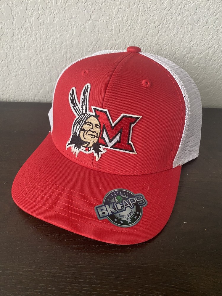 MIAMI OHIO OH INDIANS REDSKINS REDHAWKS PATCH HAT CAP RED WHITE MESH TRUCKER NEW