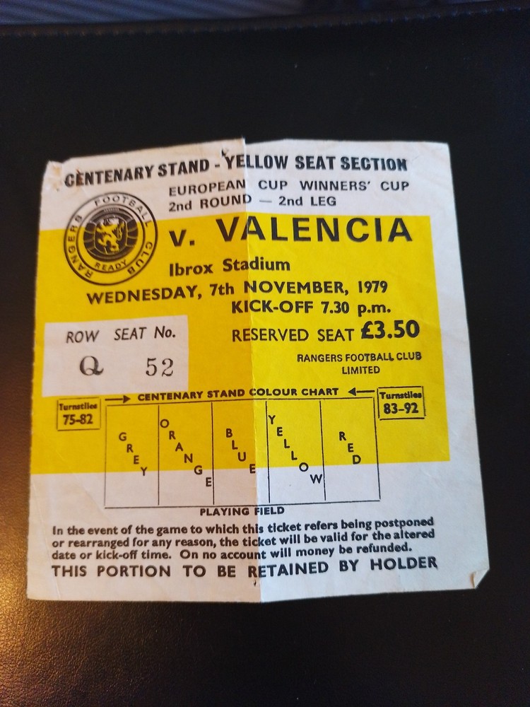 Rangers v Valencia 1979/80 European Cup Winners Cup 7th November 1979 Ticket (1)