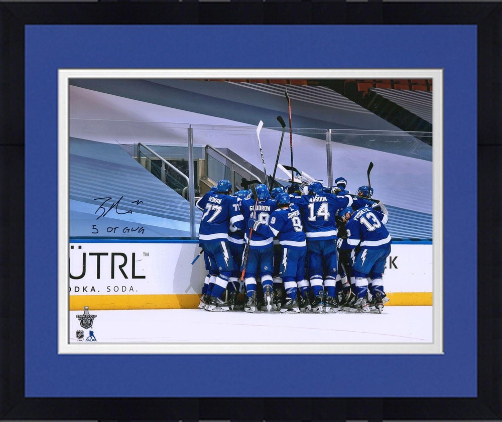 Framed Brayden Point Lightning Signed 16×20 5-OT Game-Winning Goal Photo w/Insc
