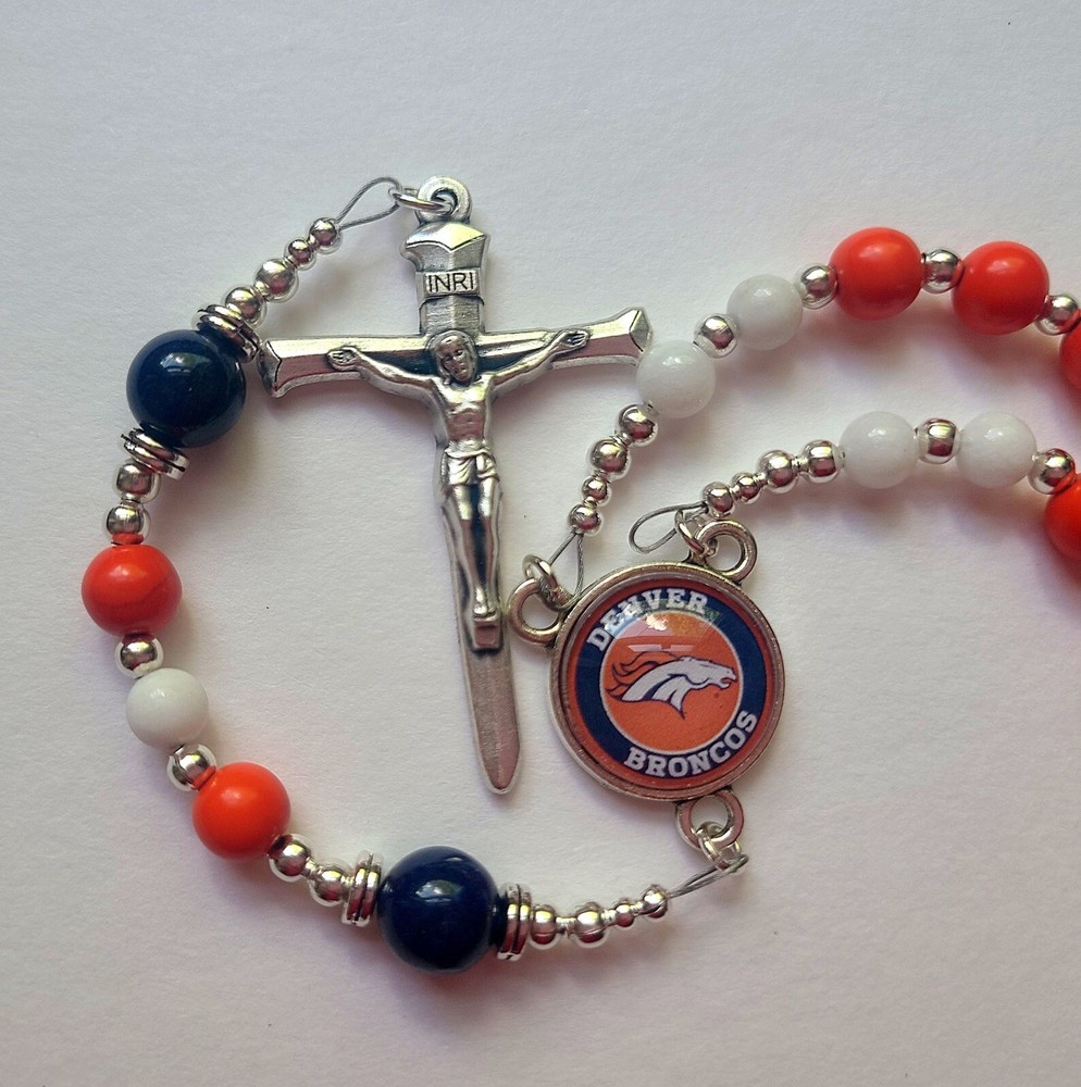 Denver Broncos Rosary Necklace Football Orange Navy Blue and White Gemstones