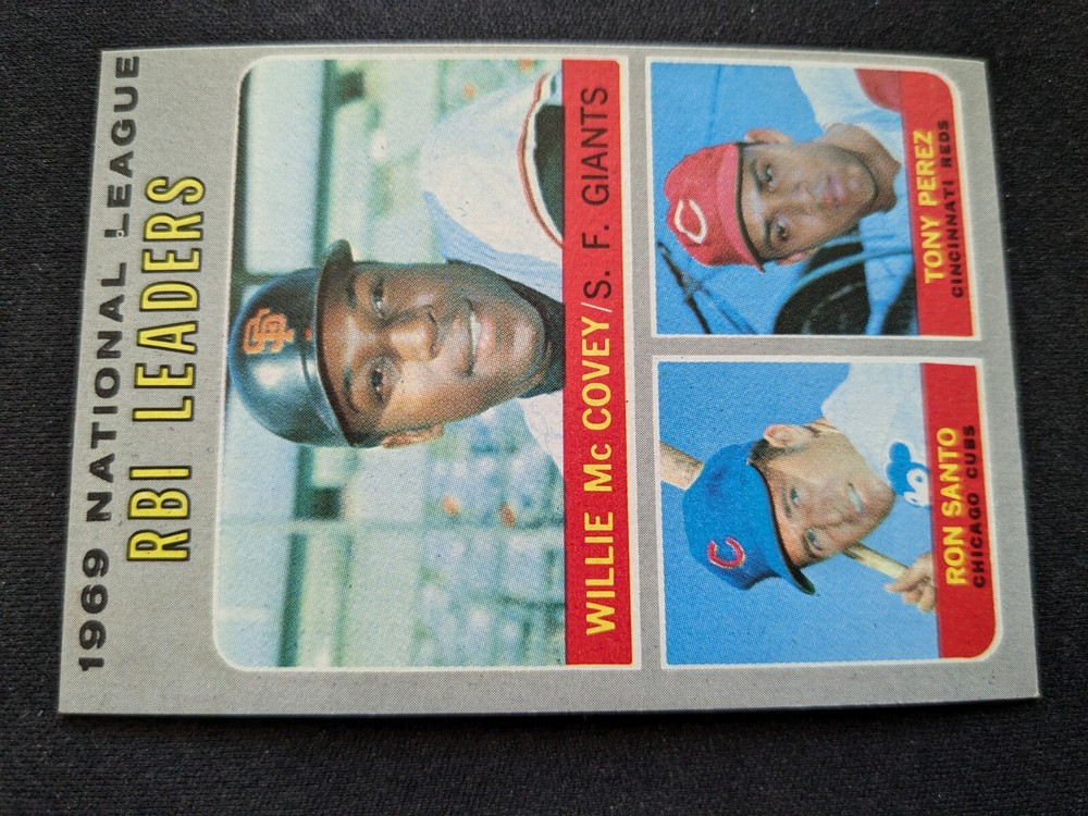 1970 Topps Baseball Card # 63 NL RBI Leaders – McCovey / Santo / Perez (EX)