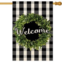 Baccessor Boxwood Wreath Welcome House Size(28 x 40 Inch), Black White Plaid