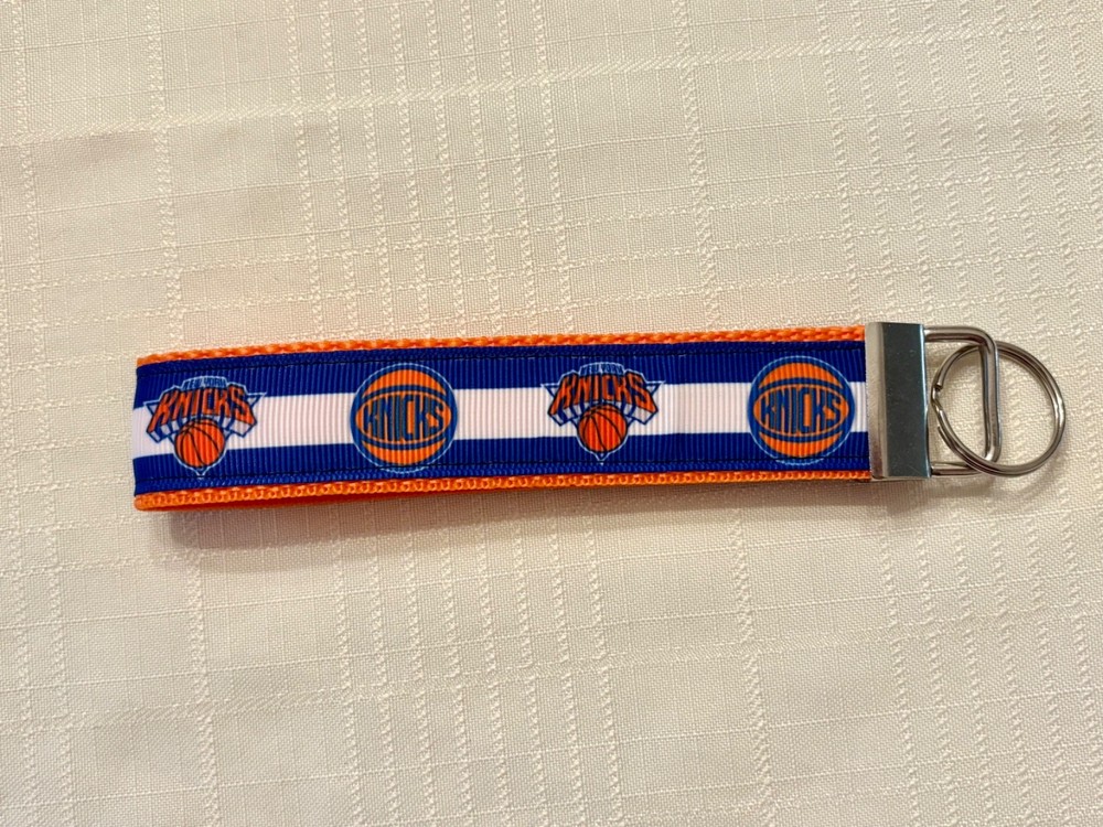HANDMADE KEY FOB DECORATED w/NY KNICKS ribbon, Wrist Lanyard, blue white