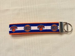 HANDMADE KEY FOB DECORATED w/NY KNICKS ribbon, Wrist Lanyard, blue white