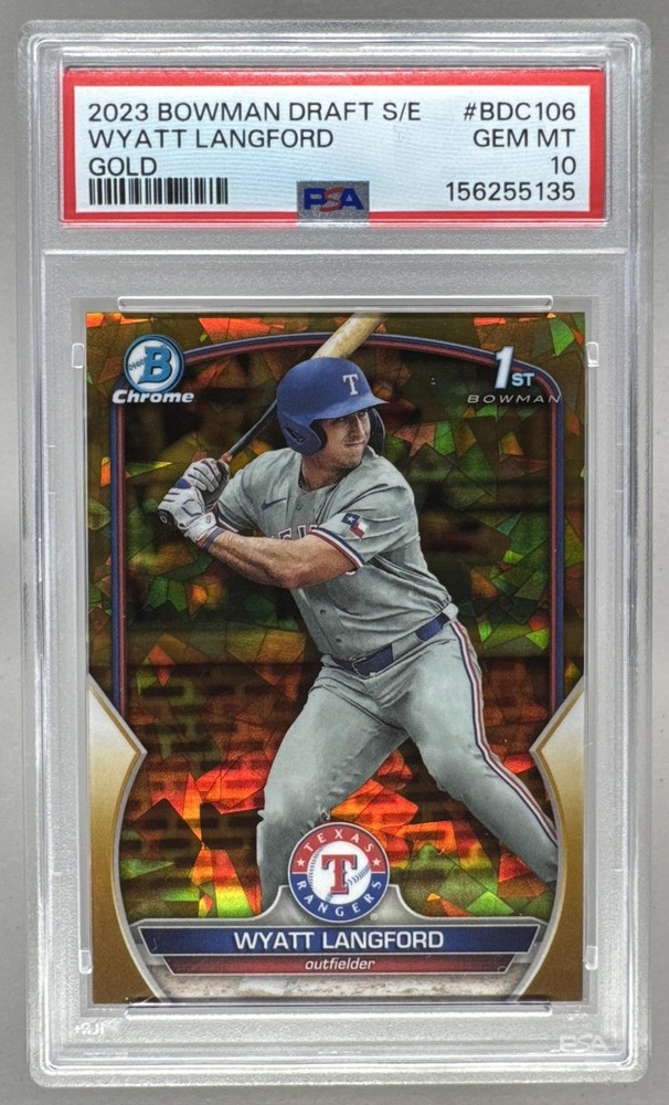 Wyatt Langford 2023 Bowman Chrome Sapphire #BDC-106 Gold 1st RC 27/50 PSA 10