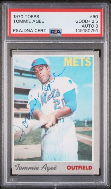 TOMMIE AGEE SIGNED 1970 TOPPS NEW YORK METS CARD #50 PSA GRADE 2.5 AUTO GRADE 8
