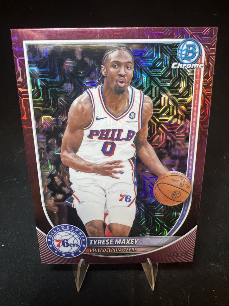 2025-26 Bowman Chrome Tyrese Maxey – Burgundy Mojo Refractor 002/275 #BCV-66