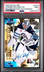Connor Hellebuyck 2023-24 UD Allure GOLDEN GOALIES BLUE Auto #GG10 PSA 9