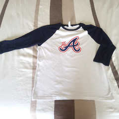 Atlanta Braves Raglan 3/4 Sleeves Baseball Shirt White Navy Blue Trim The A