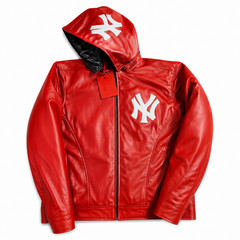 NY Yankees Red & Black Leather Varsity Jacket with Removable Hoodie