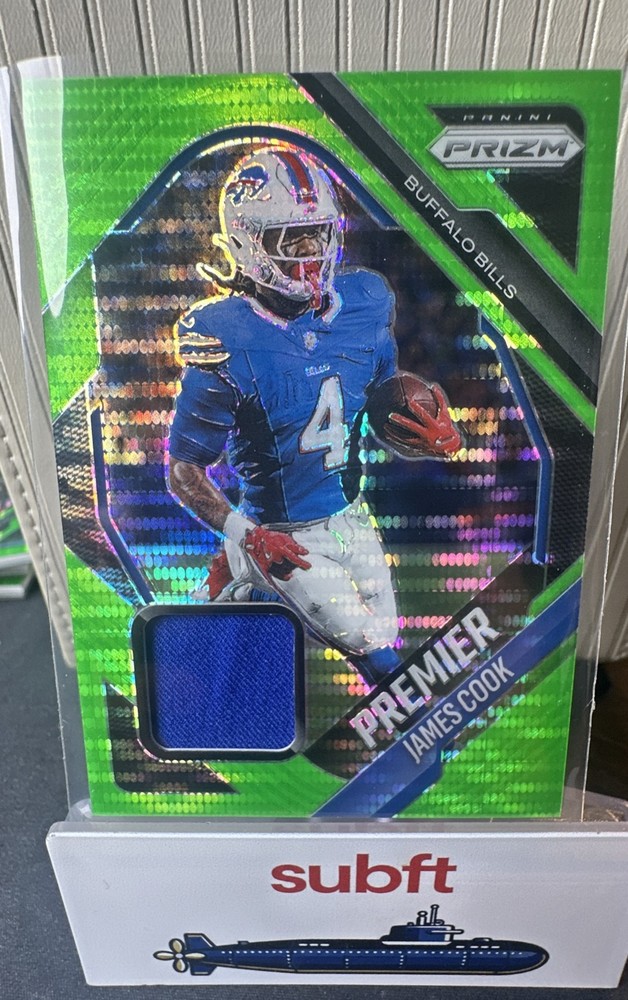 2025 Panini Prizm – Premier Jerseys James Cook #PJY-JCK Neon Green Pulsar Prizm