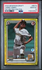2020 BOWMAN DRAFT 1ST ED YELLOW FOIL #BD70 JARED JONES 63/75 PSA 10