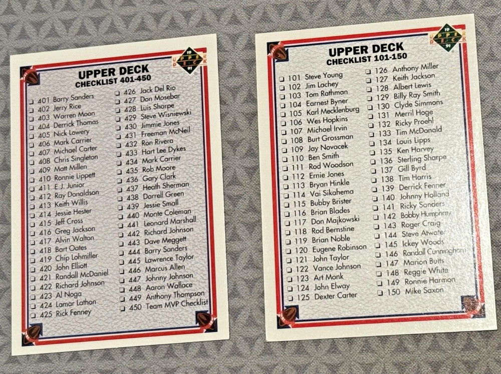1991 Upper Deck NFL Checklist Lot – 101-200 #200 & 401-500 #500 – Unchecked