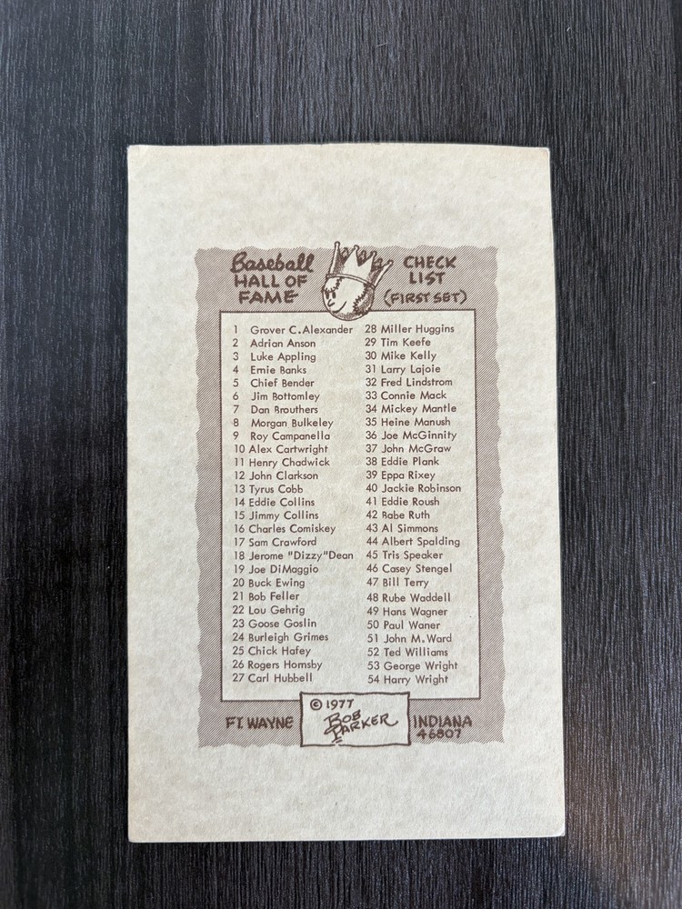 1977 Bob Parker Baseball HOF Hall Of Fame Check List First Set Jumbo Card