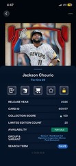 Topps Bunt Digital Legendary Tier One Red Signature Jackson Chourio Brewers 25cc