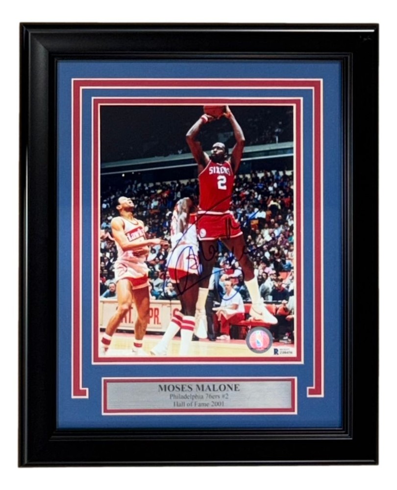 Moses Malone Signed Framed 8×10 Philadelphia 76ers Photo BAS