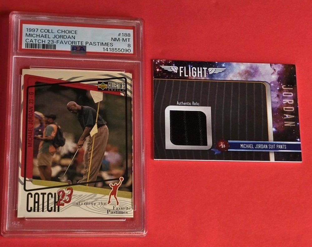 Michael Jordan RELIC SUIT PANTS Card #1/299 1997-98 UD MJ CATCH 23 Card PSA 8
