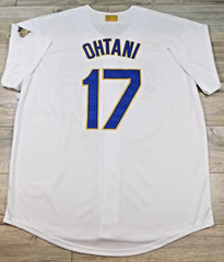 SHOHEI OHTANI LOS ANGELES DODGERS MENS X- LARGE GOLD LTRS #17 BASEBALL JERSEY