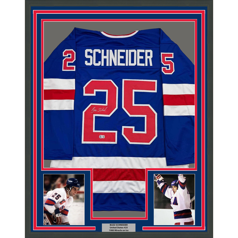 Framed Autographed/Signed Buzz Schneider 35×39 Miracle On Ice Jersey BAS COA