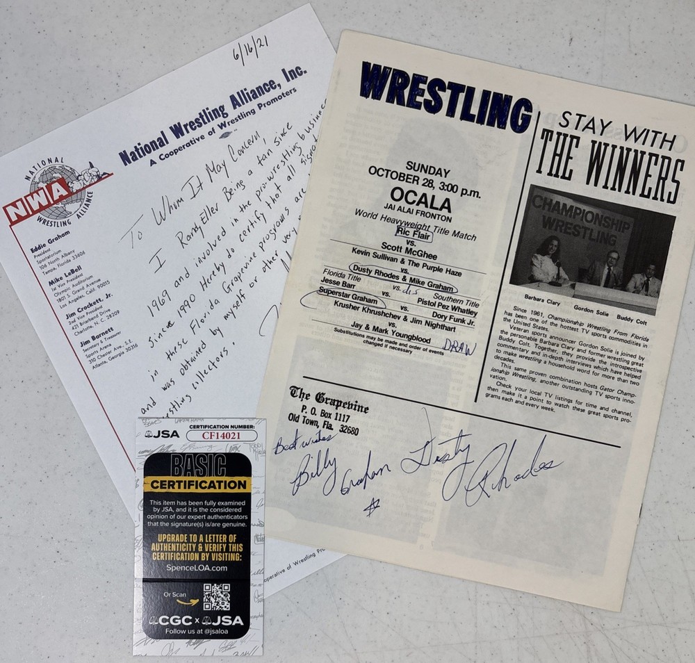 Dusty Rhodes+ Superstar Billy Graham SIGNED Grapevine Wrestling Program JSA Cert