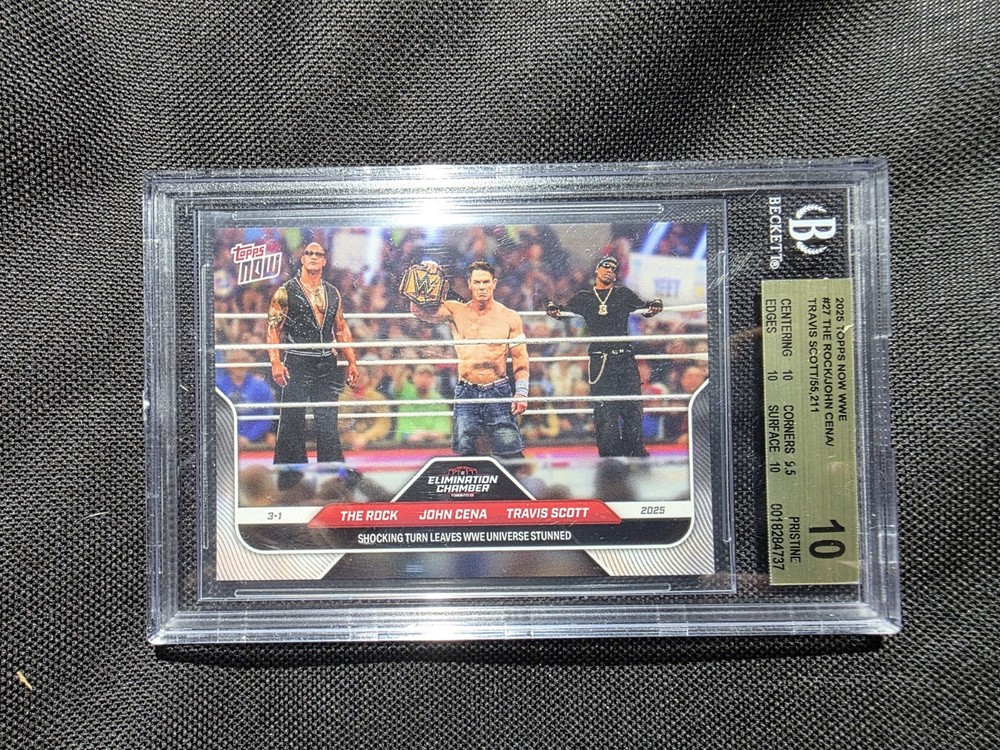 John Cena – Rock – Travis Scott – Beckett 10 Pristine /55211 2025 Topps Now WWE
