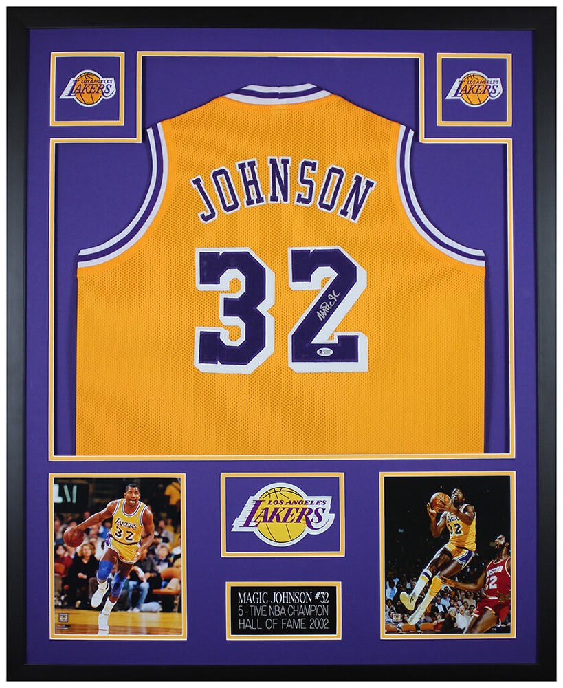 Magic Johnson Autographed and Framed Yellow Lakers Jersey Auto Beckett COA