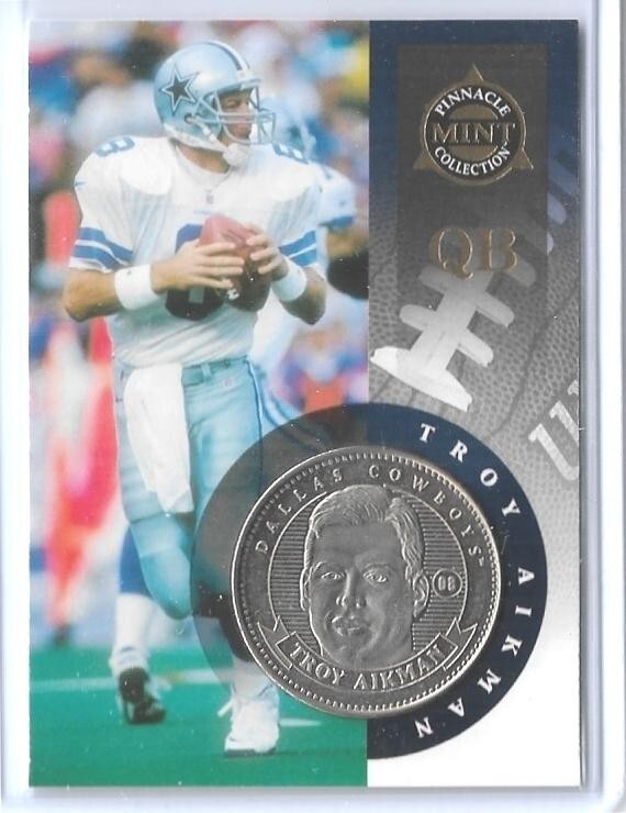 1998 PINNACLE MINT TROY AIKMAN SILVER ~ NICKEL COIN & DIE-CUT CARD #8