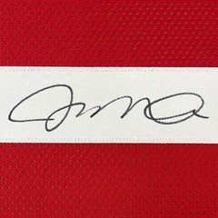 FRAMED Autographed/Signed JOE MONTANA 33×42 San Francisco Red Jersey JSA COA