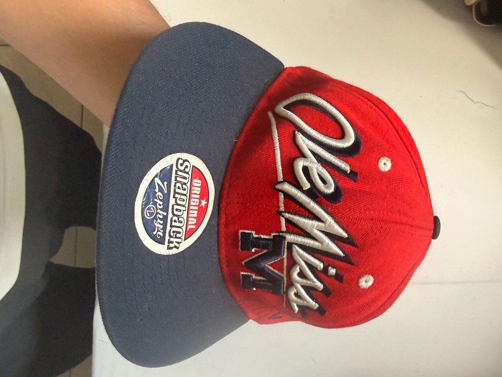 Vintage Ole Miss Rebels Zephyr Snapback Hat Red and Navy Script Cap