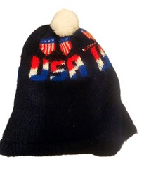 Vintage USA Olympic Beanie Navy W/ White Pom Pom, Red And White Striped Shield