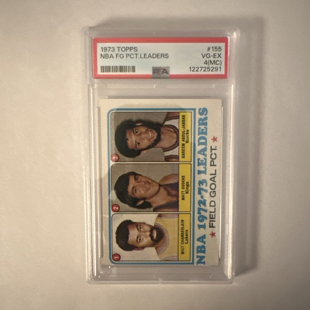 1973 TOPPS BASKETBALL #155 NBA FG PCT LEADERS CHAMBERLAIN AND JABBAR PSA 4