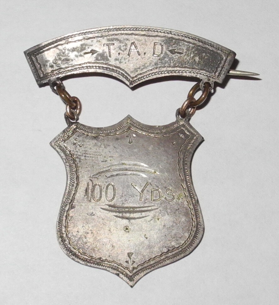 RARE 1890&rsquo;s 100 Yard Dash Run Track Field Race Pin Award Charm Medal Pinback