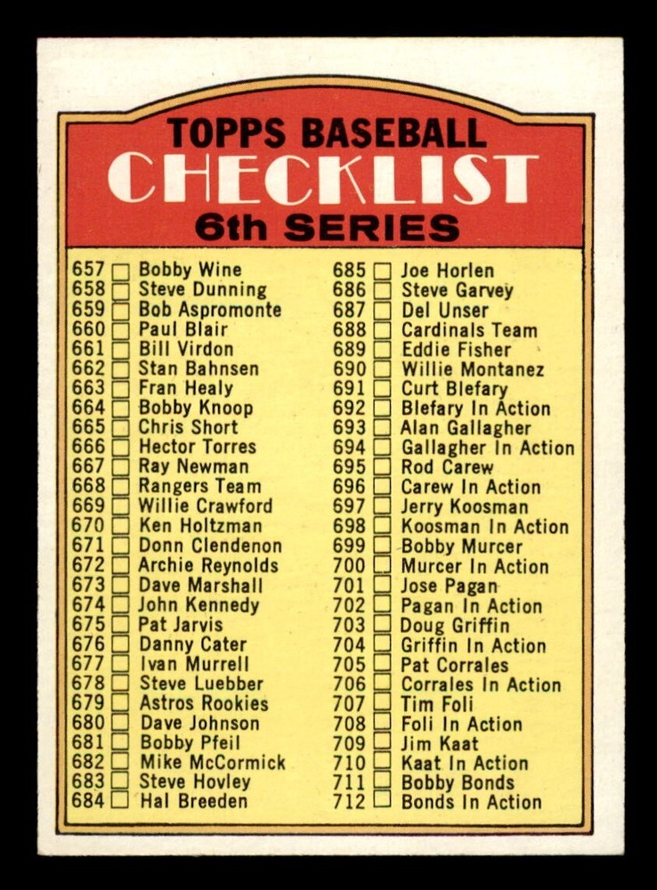 1972 Topps Baseball #604 6th Series Checklist (657-787) NM *d25