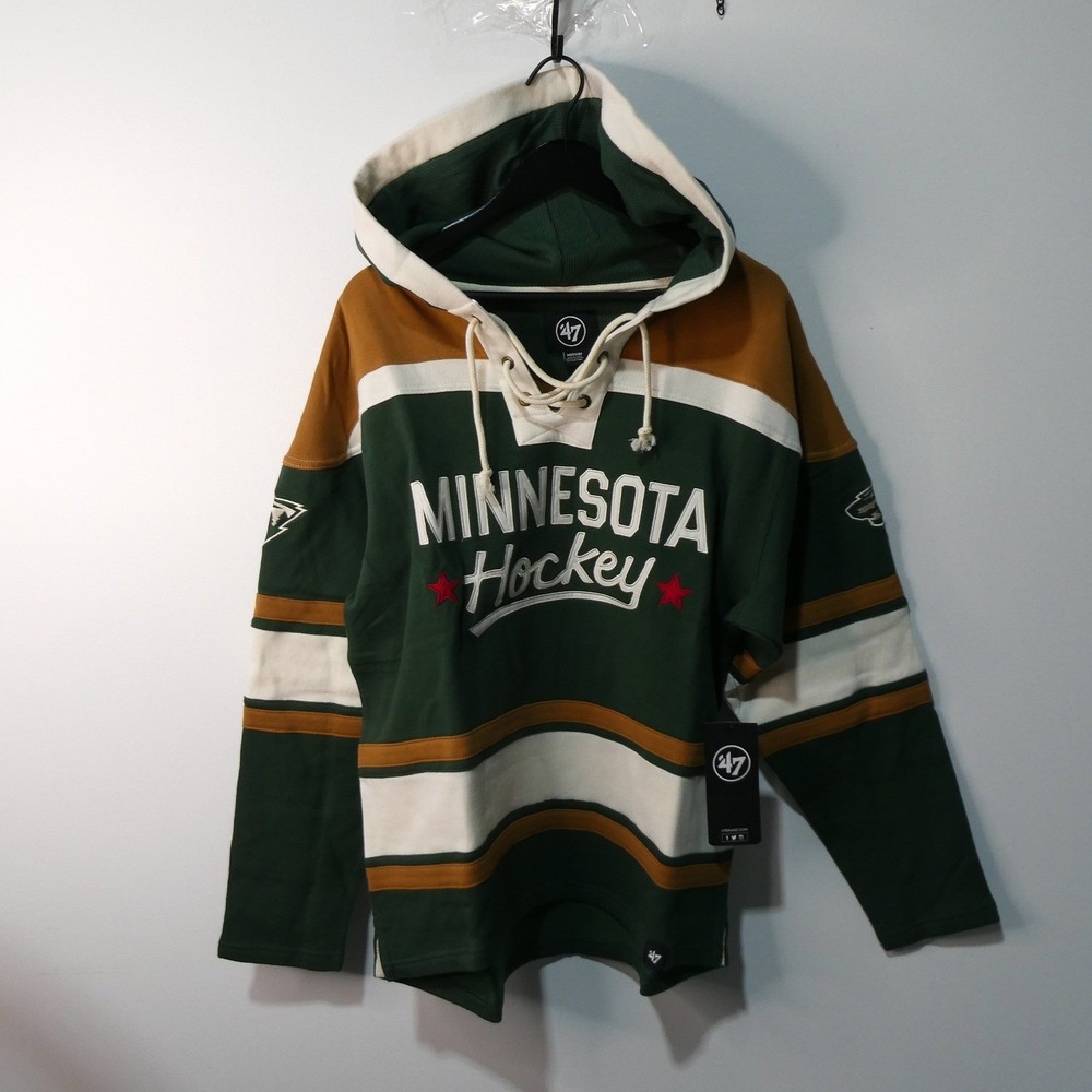 Minnesota Hockey Hoodie Mens Medium Lacer &rsquo;47 Brand Green Striped New