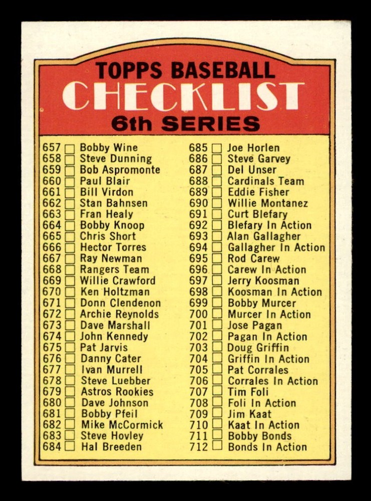 1972 Topps Baseball #604 6th Series Checklist (657-787) NM *d27