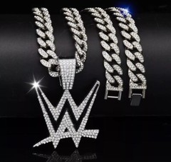 WWE Gem Chain 24&Prime; Iced Out Pendant Necklace Gold Silver Wrestling Fan Jewelry