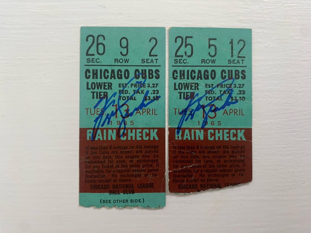 Pair Of (2) Fergie Jenkins Signed April 13th 1965 Cubs vs Cardinals Ticket Stubs