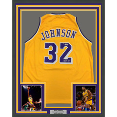 Framed Autographed/Signed Earvin Magic Johnson 35×39 LA Yellow Jersey BAS COA