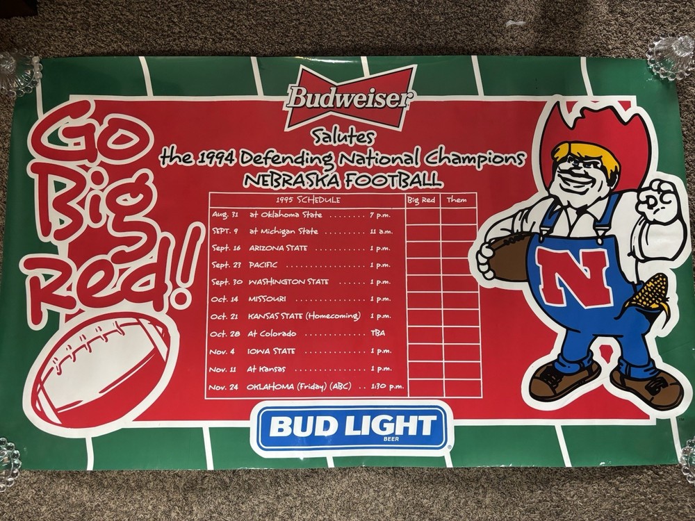 Huskers 1995 National Championship Schedule Canvas With Grommets 60”L X 36”W.