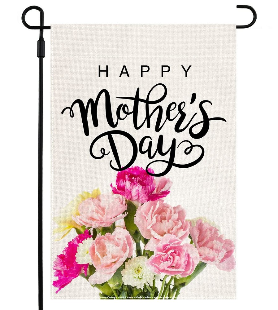 Happy Mother’s Day Garden Flag Burlap, Carnation 12 x 18 inches, Multi-color