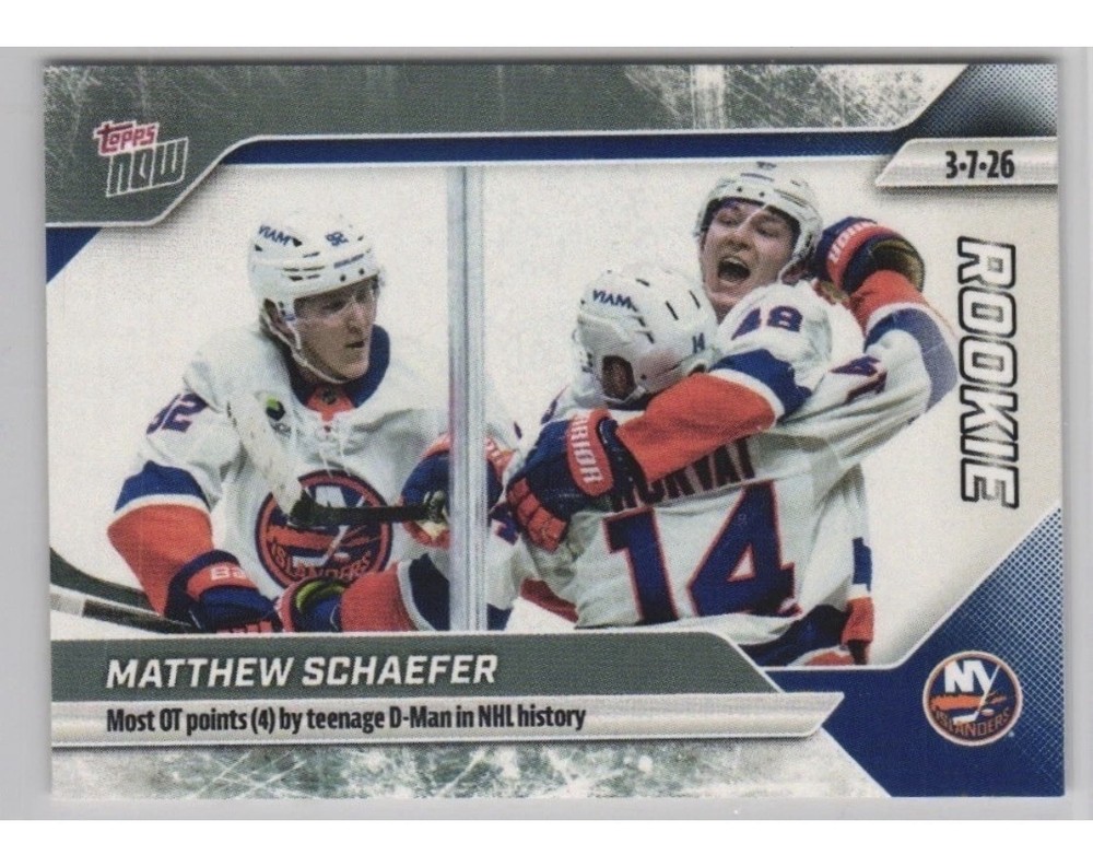 MATTHEW SCHAEFER 2025-26 TOPPS NOW Sticker #117 Rookie Most OT Pts NY ISLANDERS