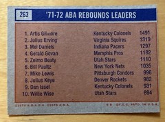 1972-73 Topps 71-72 ABA League Leaders Julius Erving, Artis Gilmore,Daniels #263