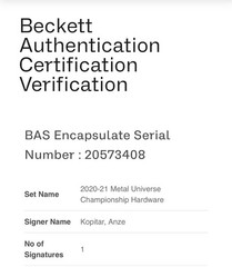 Anze Kopitar Signed Card Slabbed Beckett BAS Championship Hardware IP Auto a