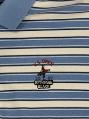 EUC US Open 2009 Bethpage Black Polo Golf Shirt Mens L Blue Black White Striped