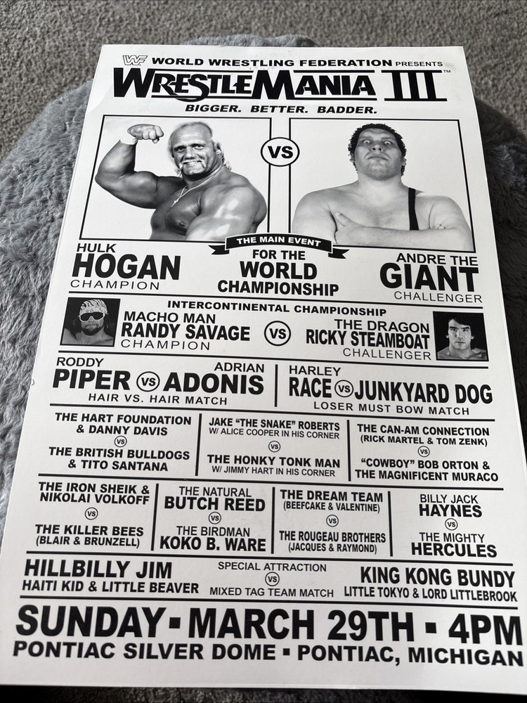 WWF Wrestlemania 3 Poster 11×17 Hulk Hogan Vs Andre The Giant