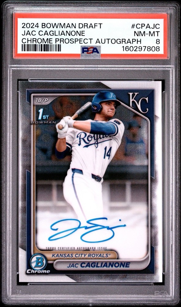 2024 Bowman Draft Chrome Prospect Auto Jac Caglianone #CPA-JC (AU, RC) PSA 8